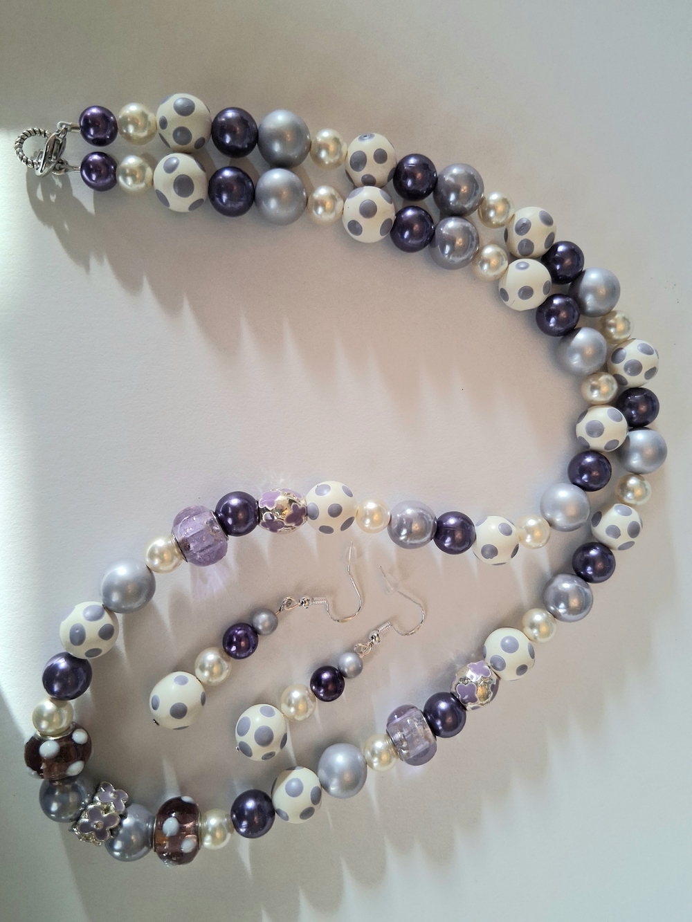 Handmade Unique Purple and Ivory Polka Dot Beaded Necklace & Earring Set
